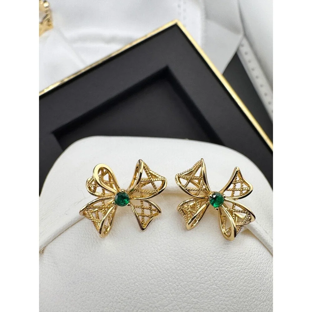 Gold Tone Lattice Bow Stud Earrings with Green Center Stone Coquette‎ Style